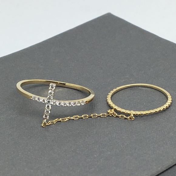 14K Yellow Gold CZ Cross Style Double Ring